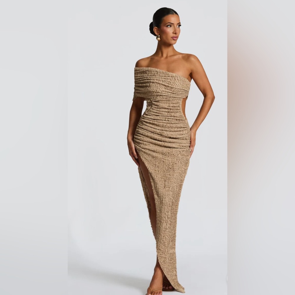 Chic One-Shoulder Tan Dress